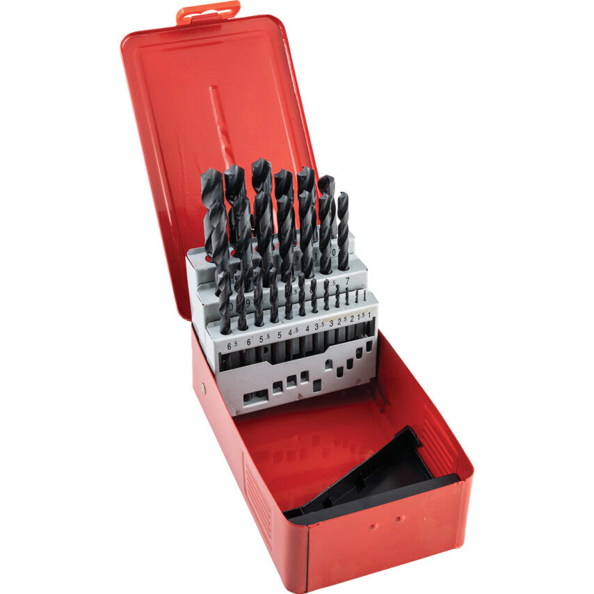 Jobber Drill Set, 1mm to 13mm x 0.5mm, Standard Length, Metric, High Speed Steel, Set of 25