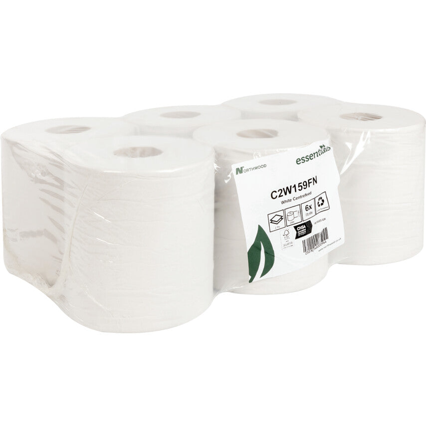 White, Centrefeed Wiper Roll, 2 Ply, 6 Rolls
