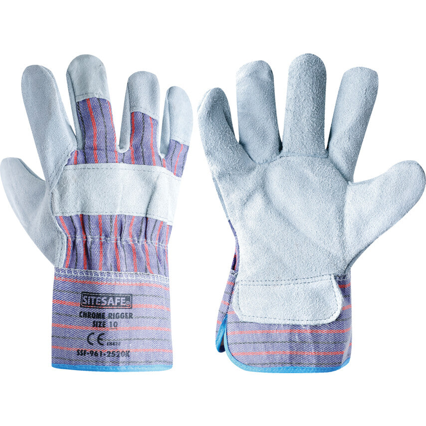 Leather Rigger Glove, Cotton Liner, Blue/White, Size 8