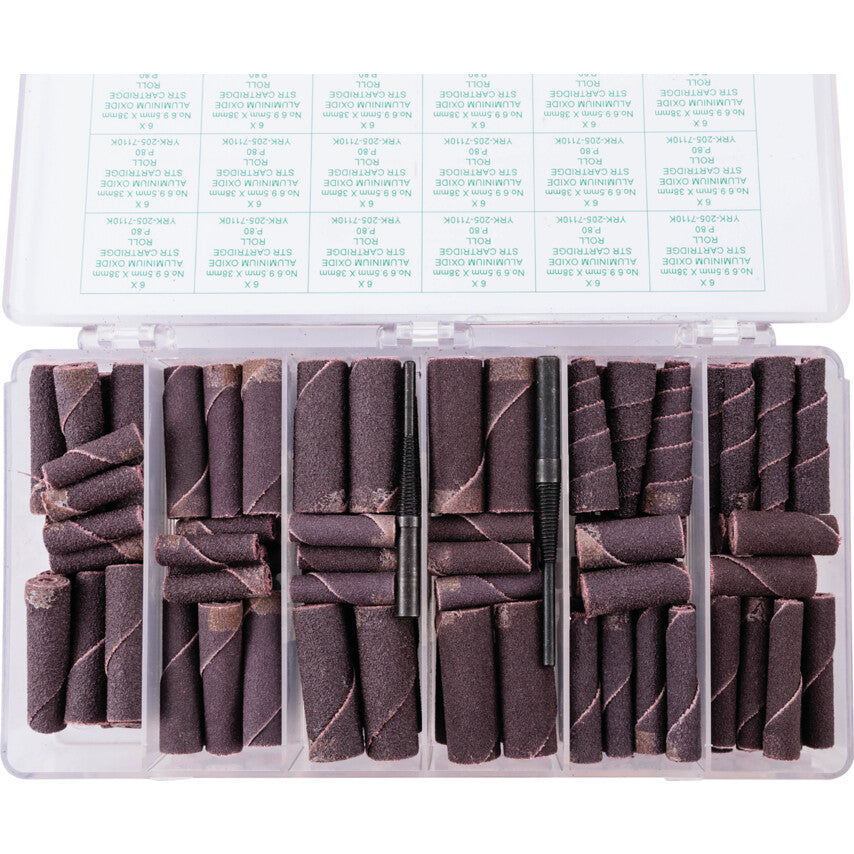 Cartridge Roll Kit, Straight/Taper, Various Sizes, P120/P80, Aluminium Oxide, 122-Piece
