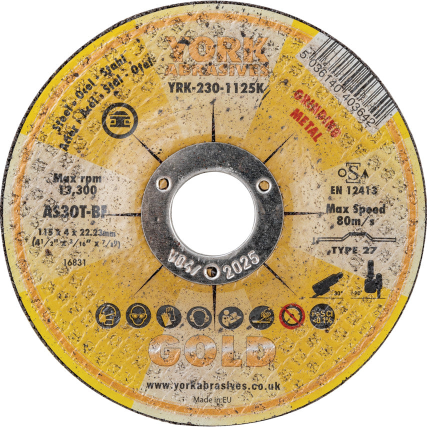 Grinding Disc, 30-Medium/Coarse, 115 x 4 x 22 mm, Type 27, Aluminium Oxide