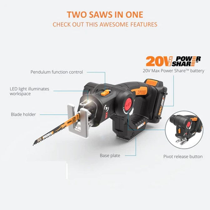 WORX 20V Cordless AXIS Jigsaw and Reciprocating Saw