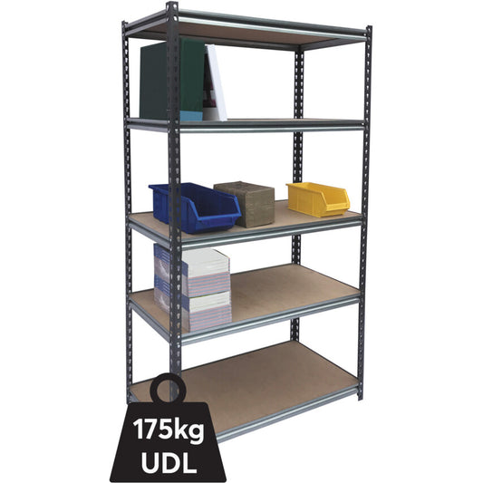 Standard Duty Shelving, 5 Shelves, 265kg Shelf Capacity, 1800mm x 1000mm x 600mm, Grey
