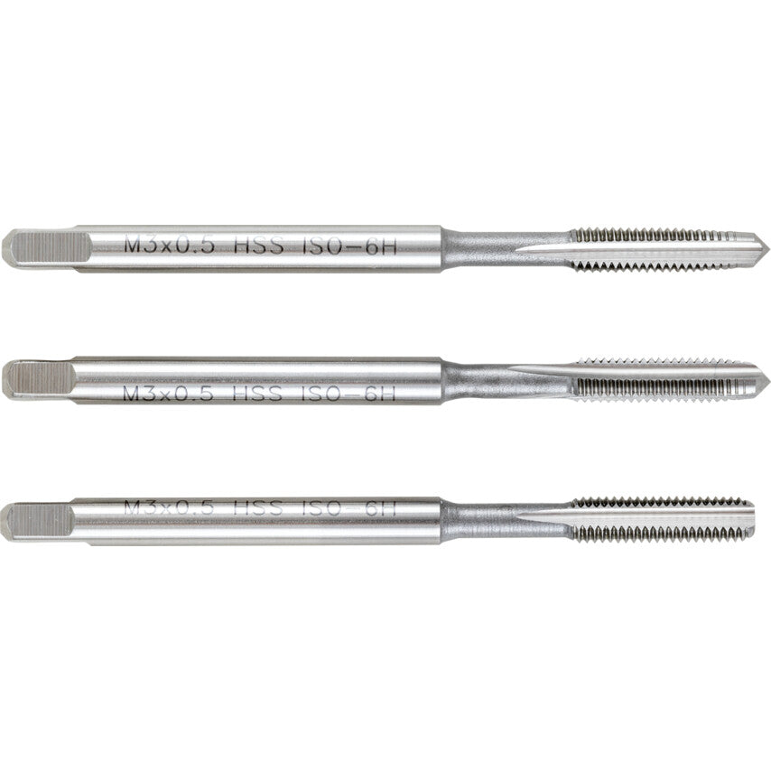 Hand Tap Set , M3 x 0.5mm, Metric Coarse, High Speed Steel, Bright, Set of 3