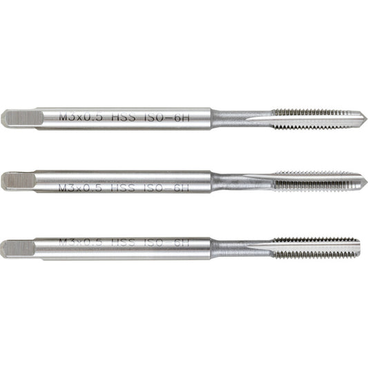 Hand Tap Set , M3 x 0.5mm, Metric Coarse, High Speed Steel, Bright, Set of 3
