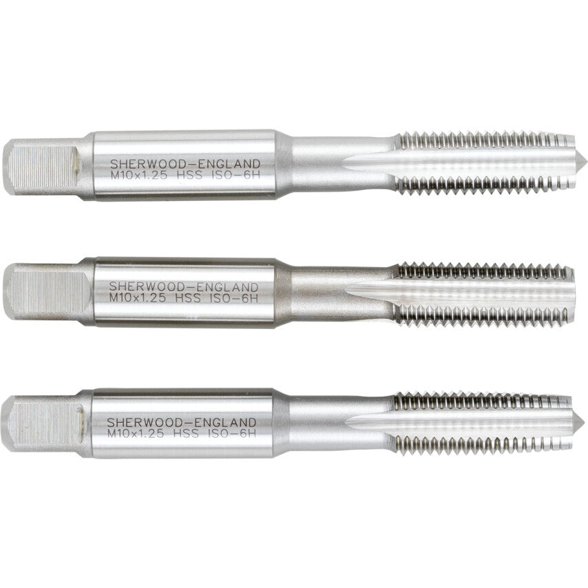 Hand Tap Set , M10 x 1.25mm, Metric Fine, High Speed Steel, Bright, Set of 3