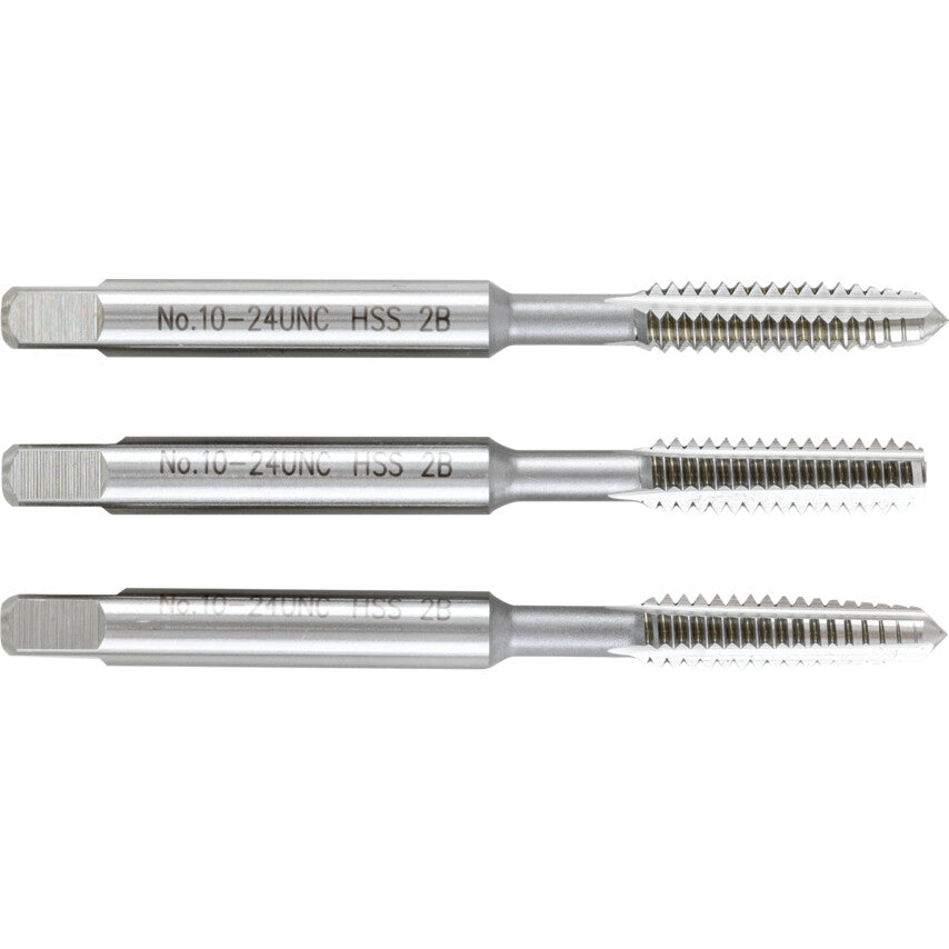 Hand Tap Set , No.10 x 24, UNC, High Speed Steel, Bright, Set of 3