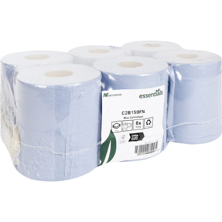 Blue, Centrefeed Wiper Roll, 2 Ply, 6 Rolls