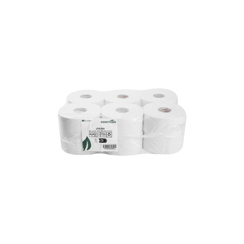Mini Jumbo Toilet Roll, 2 Ply, White, 12 Rolls, 200m Per Roll