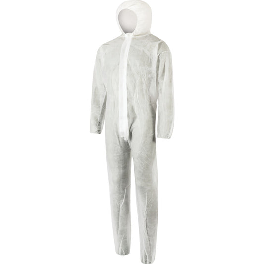 Disposable Protective Coveralls, White, Polypropylene, Zipper Closure, Chest 40-42", L
