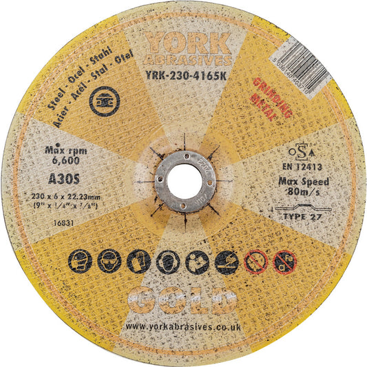 Grinding Disc, 30-Medium/Coarse, 230 x 6 x 22 mm, Type 27, Aluminium Oxide